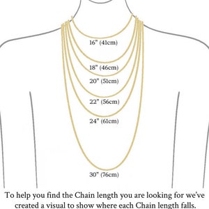 May include: A visual guide to help you choose the right chain length for a necklace. The image shows a model wearing different chain lengths, ranging from 16 inches (41 cm) to 30 inches (76 cm).