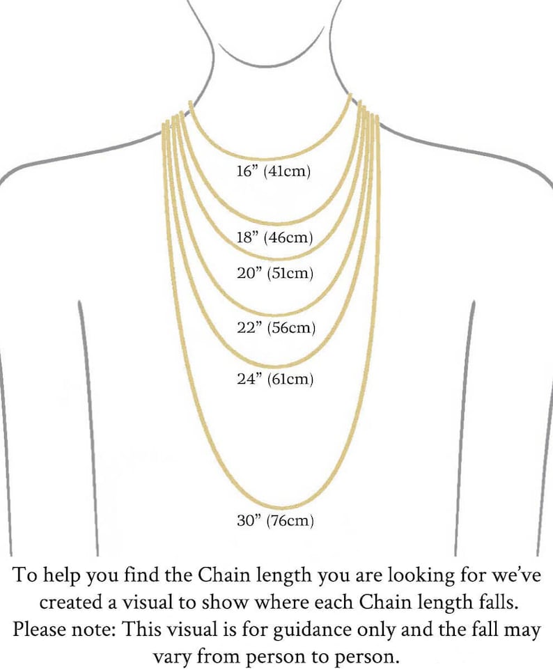 May include: A visual guide to help you choose the right chain length for a necklace. The image shows a model wearing different chain lengths, ranging from 16 inches (41 cm) to 30 inches (76 cm).