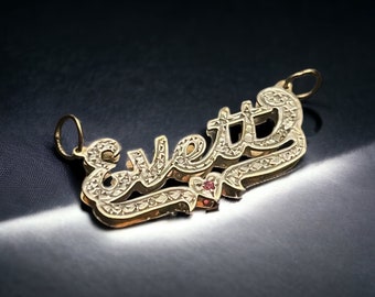 14K, 10K Solid Gold Customized Double Plated, Personalized Name Pendant with heart & birthstone, name necklace with birthstone, diamond cut