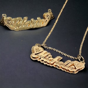 14K or 10K Solid  Gold Double Plated Name Plate, 3D name pendant , Pop-up name style with heart [PENDANT ONLY]