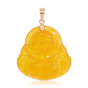 Yellow agate “ Laughing Lucky Buddha” Pendant with 14K yellow gold bail