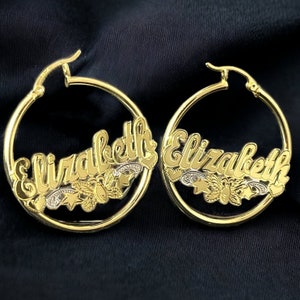 10K Solid Gold Personalized, Customized, HAND-MADE 2-tone name 35mm Hoop Earrings