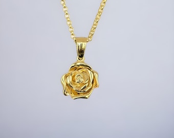 14K solid gold high-polished detailed 3D rose flower pendant, gift for flower lover, foral theme jewelry