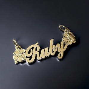 14k, 10K  Solid gold Personalized Handmade Name Pendant, Custom name charm with flowers, gift for her, name charm for necklace, PENDANT ONLY