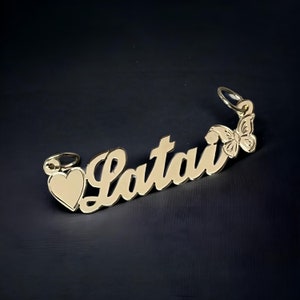 14k, 10K  Solid gold Personalized Handmade Name Pendant, Custom name charm with heart and butterfly, gift for her, name charm for necklace