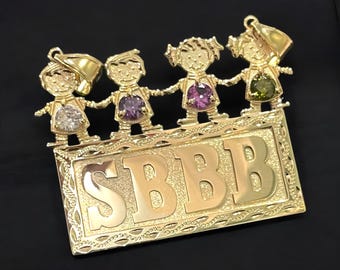 14K or 10K solid yellow gold handmade 4 birthstone children, babies,kids plate pendant frame, gift for mom, rectangle bar pendant with names