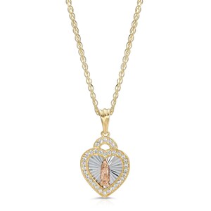14K Yellow Gold, Tri- color, Virgin Mary Guadalupe Heart, with CZ