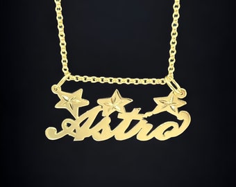 10K, 14K Solid Gold Name Plate Personalized HANDMADE Charm Custom Pendant, handwriting, script, cursive with Stars [ Pendant Only]