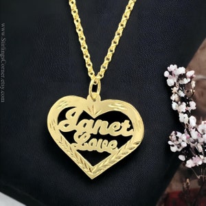 14K, 10K Solid Gold name in heart pendant, handmade personalized name necklace jewelry, gift for her, love pendant, anniversary gift