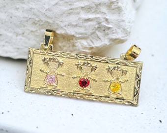 14K or 10K solid yellow gold handmade 3 birthstone children, babies,kids plate pendant frame, gift for mom, rectangle bar pendant