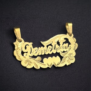 Exquisite  14K, 10K solid gold personalized name pendant: cursive font with detailed double-heart design name plate [ PENDANT ONLY]