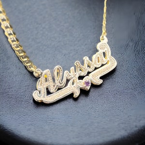 14K, 10K Solid Gold Customized Double Plated, Personalized Name Pendant with heart & birthstone, Name necklace with Solid curb link chain