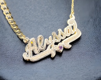 14K, 10K Solid Gold Customized Double Plated, Personalized Name Pendant with heart & birthstone, Name necklace with Solid curb link chain