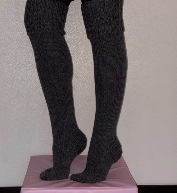 Hand Knit Merino Wool Over the Knee Socks - Gray