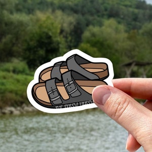 May include: A black and brown pair of sandals with two straps on each sandal. The sandals are on a white background with the text "The Fussy Hippo" printed on the bottom.