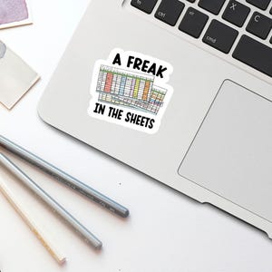 May include: A sticker on a laptop that says "A Freak in the Sheets" with a colorful spreadsheet graphic.