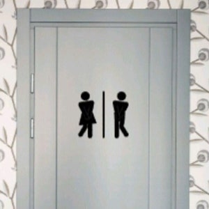 May include: A gray door with a black and white restroom sign. The sign shows a stick figure of a person with a skirt and a stick figure of a person with pants.