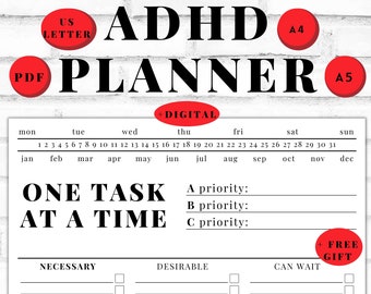 ADHD Daily Planner Printable | Adult ADHD Organizer Productivity Planner | Undated Planner | ADHD Digital | One Task at a Time