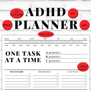 ADHD Daily Planner Printable | Adult ADHD Organizer Productivity Planner | Undated Planner | ADHD Digital | One Task at a Time