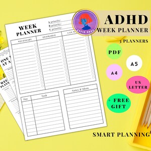 Pode incluir: Um planejador semanal imprim&iacute;vel em preto e branco com tr&ecirc;s colunas etiquetadas como "Necess&aacute;rio", "Desej&aacute;vel" e "Pode Esperar". O planejador tamb&eacute;m inclui uma se&ccedil;&atilde;o para tarefas di&aacute;rias e notas. O texto "Planejador Semanal TDAH" est&aacute; em letras grandes e negrito no topo da p&aacute;gina. O planejador est&aacute; dispon&iacute;vel em tr&ecirc;s tamanhos: A4, A5 e US Letter.