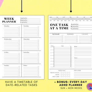 Pode incluir: Um planificador imprim&iacute;vel preto e branco com o t&iacute;tulo "Week Planner" e "One Task At A Time". O planificador inclui se&ccedil;&otilde;es para tarefas di&aacute;rias, prioridades e uma se&ccedil;&atilde;o para gerenciamento de tempo.