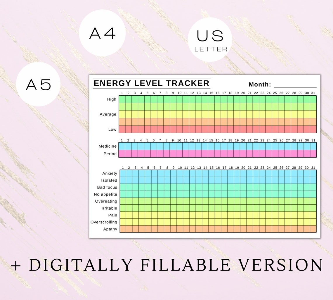 Energy Level Monthly Tracker Printable Energy Tracker Symptoms Tracker