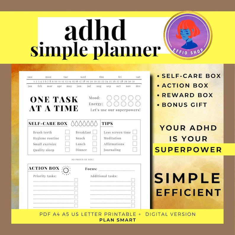 ADHD Simple Efficient Daily Planner ADHD Printable Adult ADHD Productivity Planner Neurodivergent Planning One Task at a Time image 1