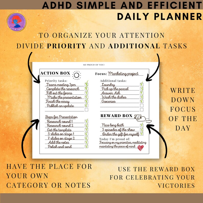 ADHD Simple Efficient Daily Planner ADHD Printable Adult ADHD Productivity Planner Neurodivergent Planning One Task at a Time image 5
