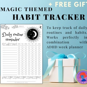 Pode incluir: Um rastreador de h&aacute;bitos imprim&iacute;vel em preto e branco com um design de lua e sol. O rastreador tem um t&iacute;tulo que diz "Lembrar da rotina di&aacute;ria". O texto "Magic Themed Habit Tracker" est&aacute; no topo da imagem. O texto "Para acompanhar as rotinas di&aacute;rias e os h&aacute;bitos. Funciona perfeitamente em combina&ccedil;&atilde;o com o planejador semanal de TDAH" est&aacute; do lado direito da imagem. Uma caixa de presente branca com uma fita azul est&aacute; do lado direito da imagem.