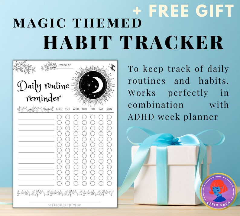 Pode incluir: Um rastreador de h&aacute;bitos imprim&iacute;vel em preto e branco com um design de lua e sol. O rastreador tem um t&iacute;tulo que diz "Lembrar da rotina di&aacute;ria". O texto "Magic Themed Habit Tracker" est&aacute; no topo da imagem. O texto "Para acompanhar as rotinas di&aacute;rias e os h&aacute;bitos. Funciona perfeitamente em combina&ccedil;&atilde;o com o planejador semanal de TDAH" est&aacute; do lado direito da imagem. Uma caixa de presente branca com uma fita azul est&aacute; do lado direito da imagem.