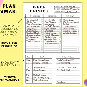 Pode incluir: Um planejador semanal com fundo amarelo e texto preto. O planejador &eacute; dividido em tr&ecirc;s se&ccedil;&otilde;es: Necess&aacute;rio, Desej&aacute;vel e Pode esperar. Cada se&ccedil;&atilde;o tem uma lista de tarefas com caixas de sele&ccedil;&atilde;o. O planejador tamb&eacute;m inclui uma se&ccedil;&atilde;o para tarefas di&aacute;rias e notas.