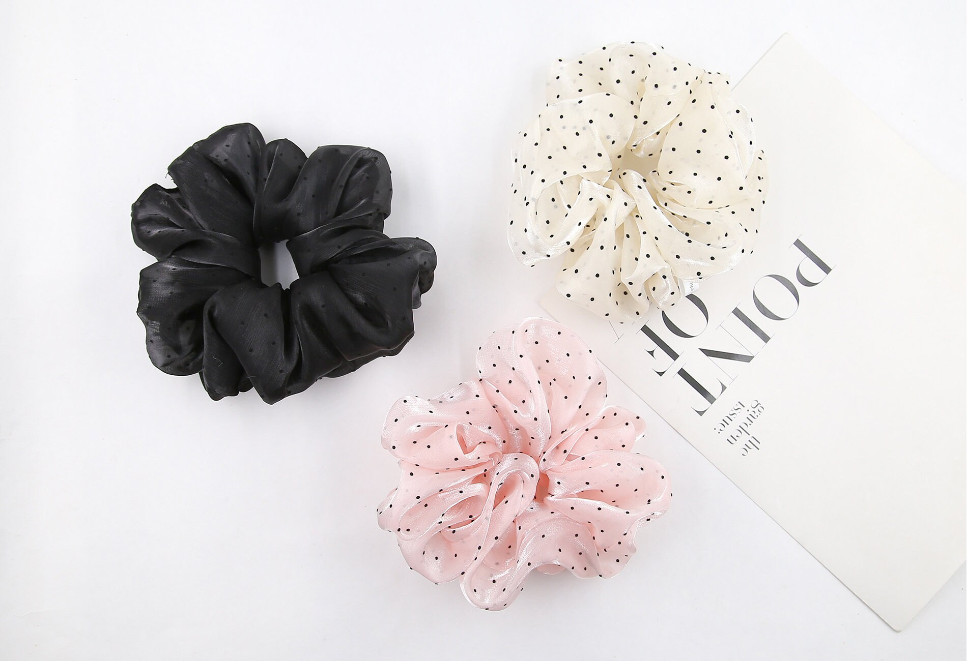 Large Chiffon Organza Hair Scrunchies Set for Women Elegant Ponytail Holders 3Pcs Flower Hair Scrunchies Large Elastic Ties Sparkling  main image 2