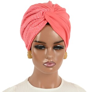 LUXURY INSTANT Pre-Tied Turban For Women Retro Hat Wedding Gift for Her STATEMENT Women Full Coverage Fashion Turban Coral Bridal Turban
