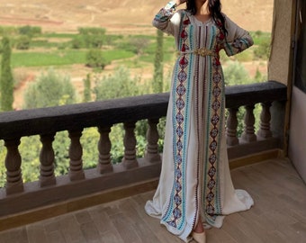 Moroccan Caftan with multicoloured details , Moroccan wedding caftan, Traditional Moroccan Caftan