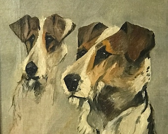 Tableau peinture originale encadré huile sur toile portrait de chiens fox terrier signé daté 1935