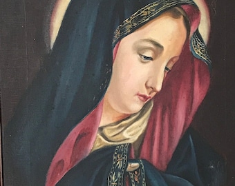 Tableau peinture originale encadré huile sur toile portrait de la Vierge signé début XXème.