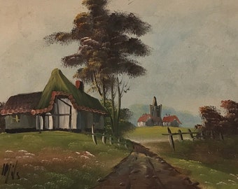 Tableau peinture huile sur toile paysage de campagne encadré circa 1950