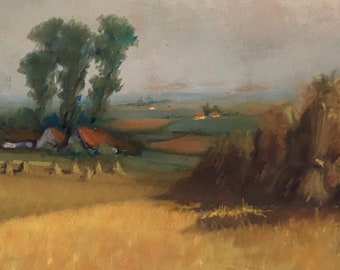 Tableau dessin au pastel paysage de campagne encadré sous verre circa 1950