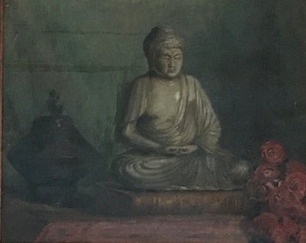 Original painting framed oil on canvas still life with Buddha 19th century