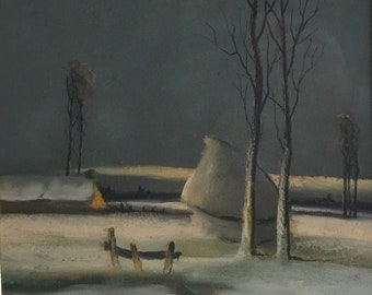 Tableau dessin au pastel paysage d’hiver encadré sous verre circa 1950