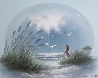 Tableau peinture huile sur toile moderne fillette sur la plage