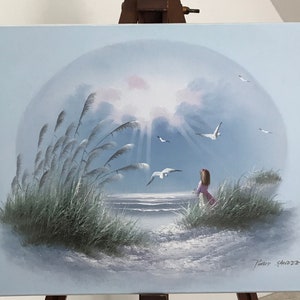 Tableau peinture huile sur toile moderne fillette sur la plage image 1