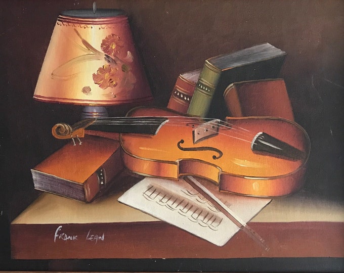 Old Painting Oil Painting on Canvas, Still Life With Violin Signed