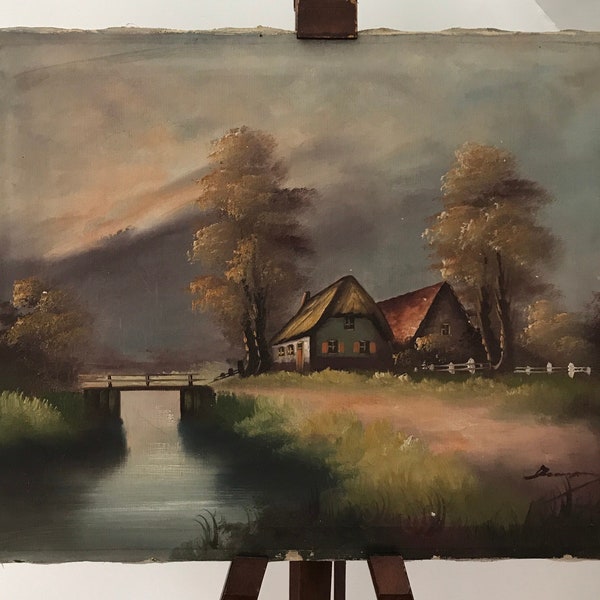 Tableau peinture huile sur toile paysage de campagne le pont sur la rivière circa 1950