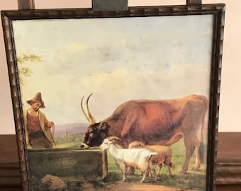 Old chromolithograph framed under glass pastoral scene circa 1930