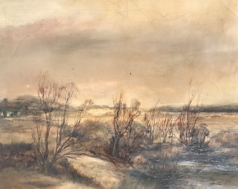 Tableau peinture huile sur toile paysage d’hiver XIXe siècle