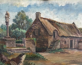 Painting oil on canvas Breton farm signed M.Fiche circa 1960