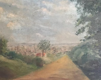 Tableau ancien peinture originale huile sur isorel paysage de campagne circa 1920