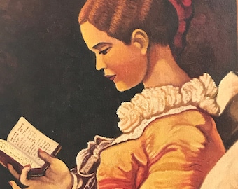 Tableau peinture huile sur toile portrait d’après La Liseuse de Fragonard signé W.Ghesquiere XXème siècle