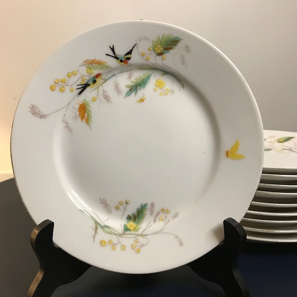 Dix assiettes à dessert en porcelaine décor d’oiseau et de papillons circa 1900